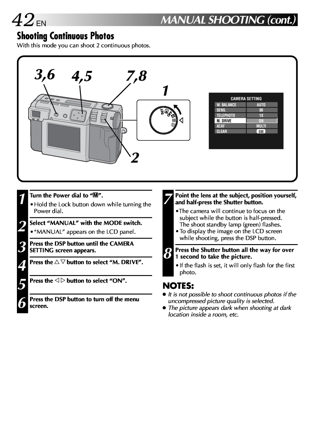 JVC GC-QX3 manual 42EN, 3,6 4,5, Shooting Continuous Photos, MANUALSHOOTINGcont, Press the r t button to select “M. DRIVE” 