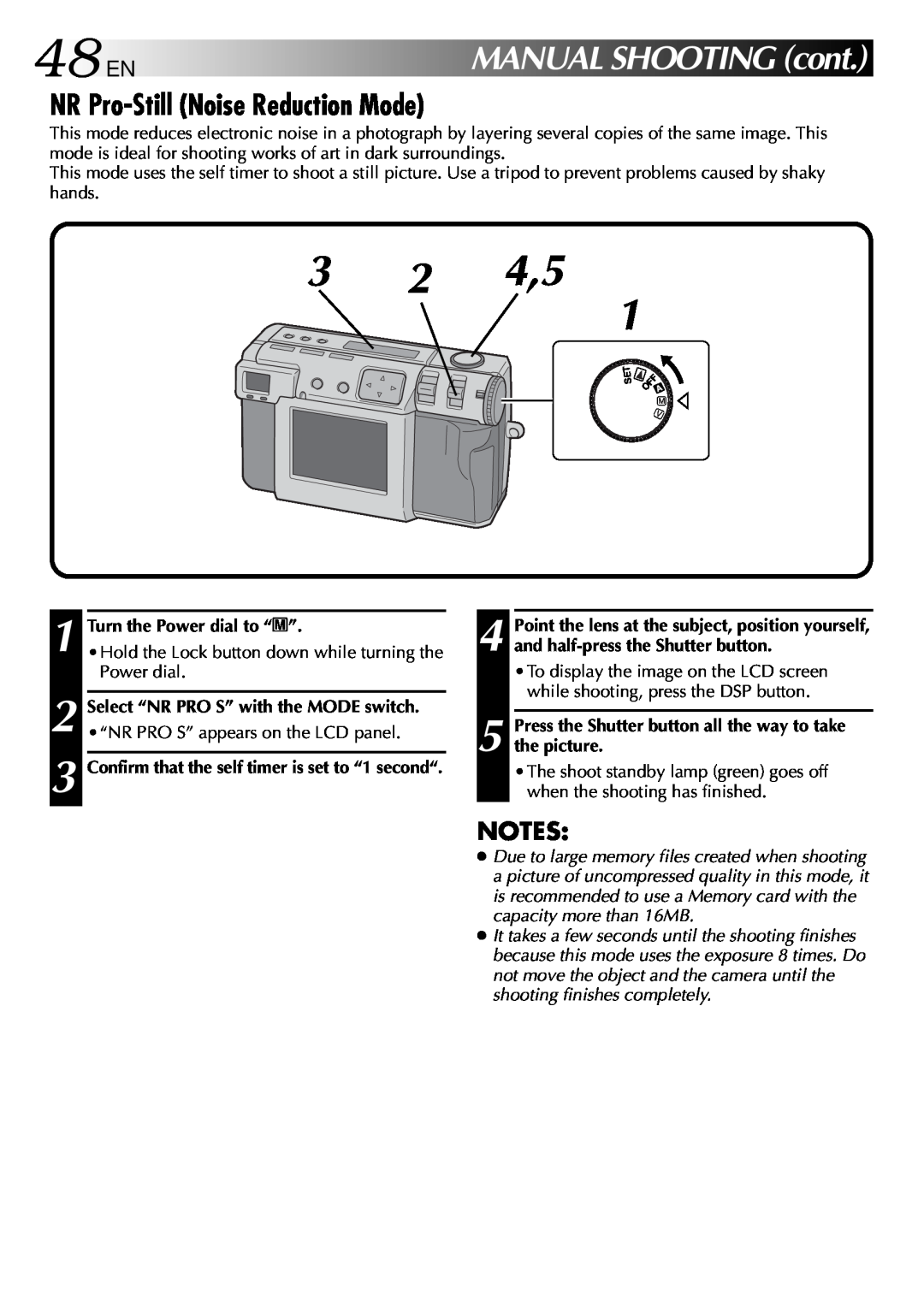 JVC GC-QX3 manual 48EN, NR Pro-Still Noise Reduction Mode, 3 2 4,5, MANUALSHOOTINGcont, Turn the Power dial to “M” 