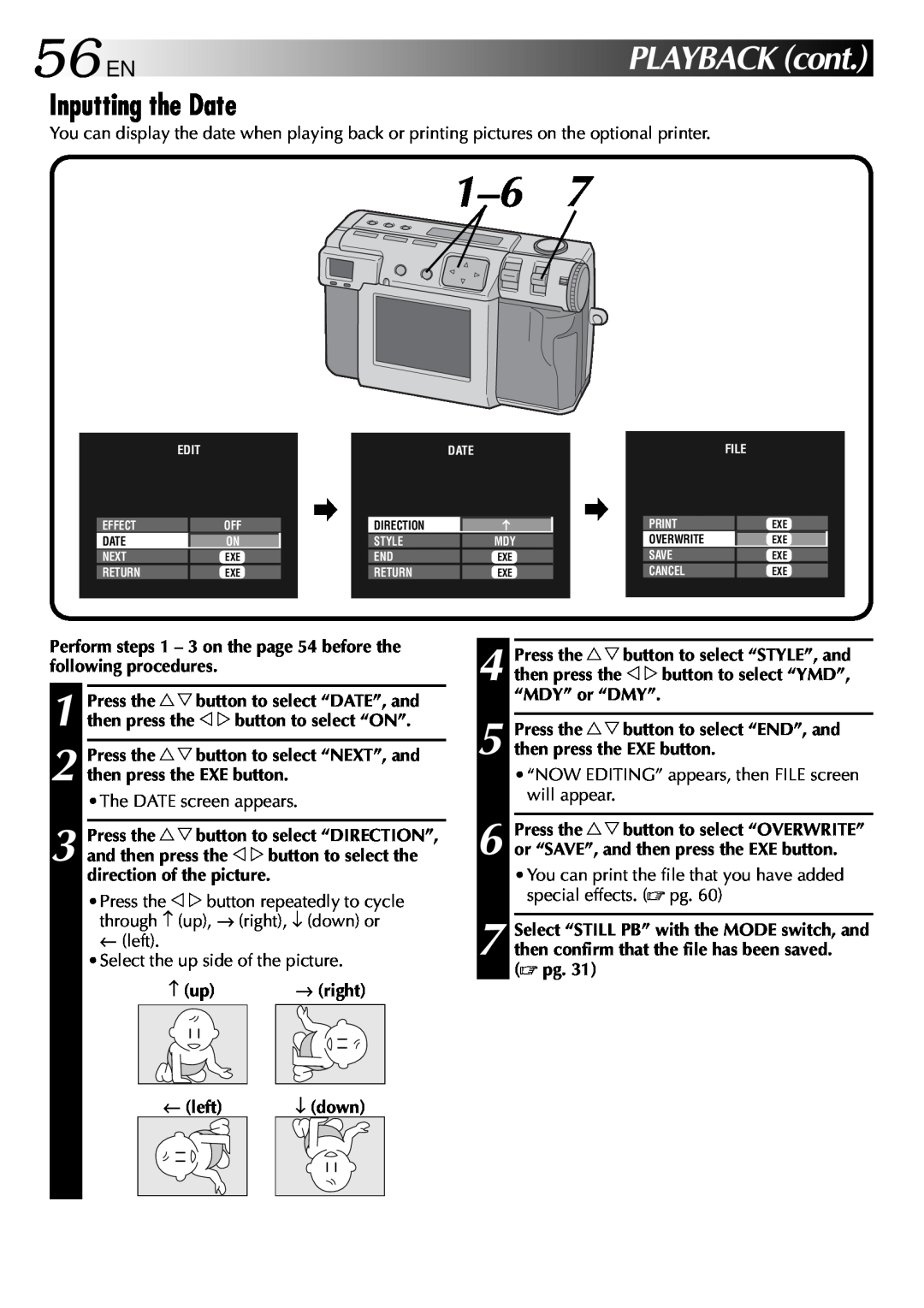 JVC GC-QX3 56ENPLAYBACKcont, Inputting the Date, Perform steps 1 - 3 on the page 54 before the following procedures, up 