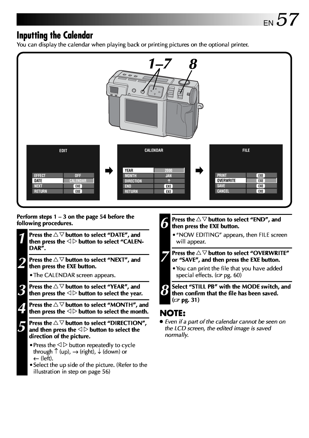 JVC GC-QX3 manual Inputting the Calendar, EN57, Perform steps 1 - 3 on the page 54 before the following procedures, Dar” 