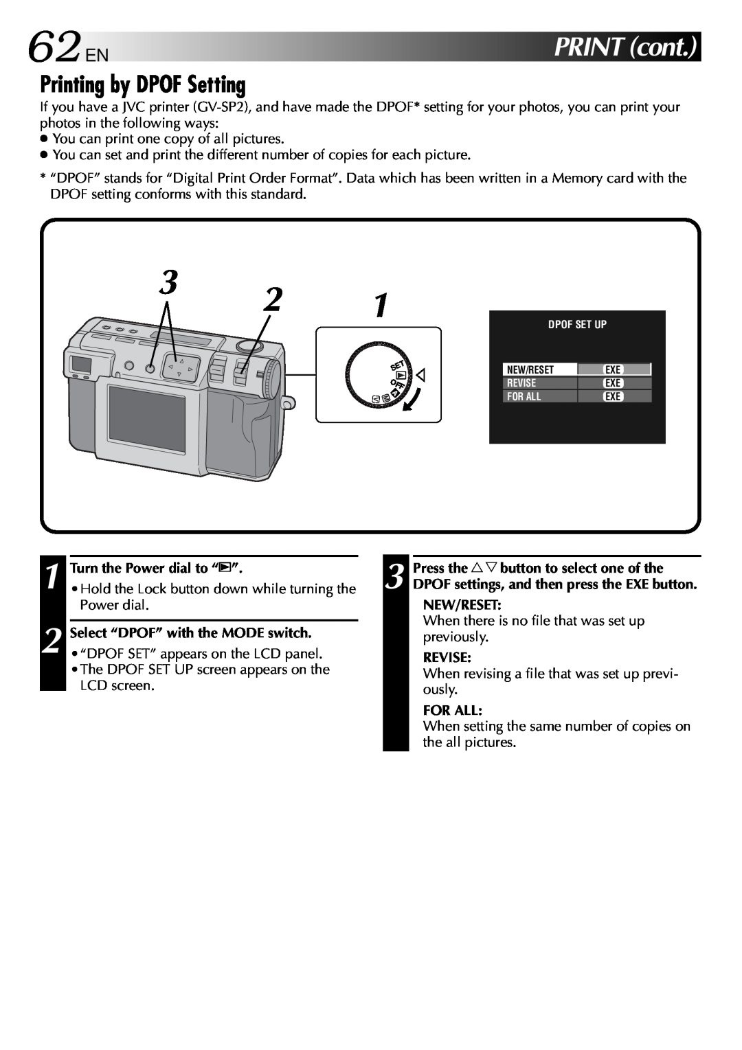 JVC GC-QX3 62ENPRINTcont, Printing by DPOF Setting, Turn the Power dial to “B”, Press the r t button to select one of the 