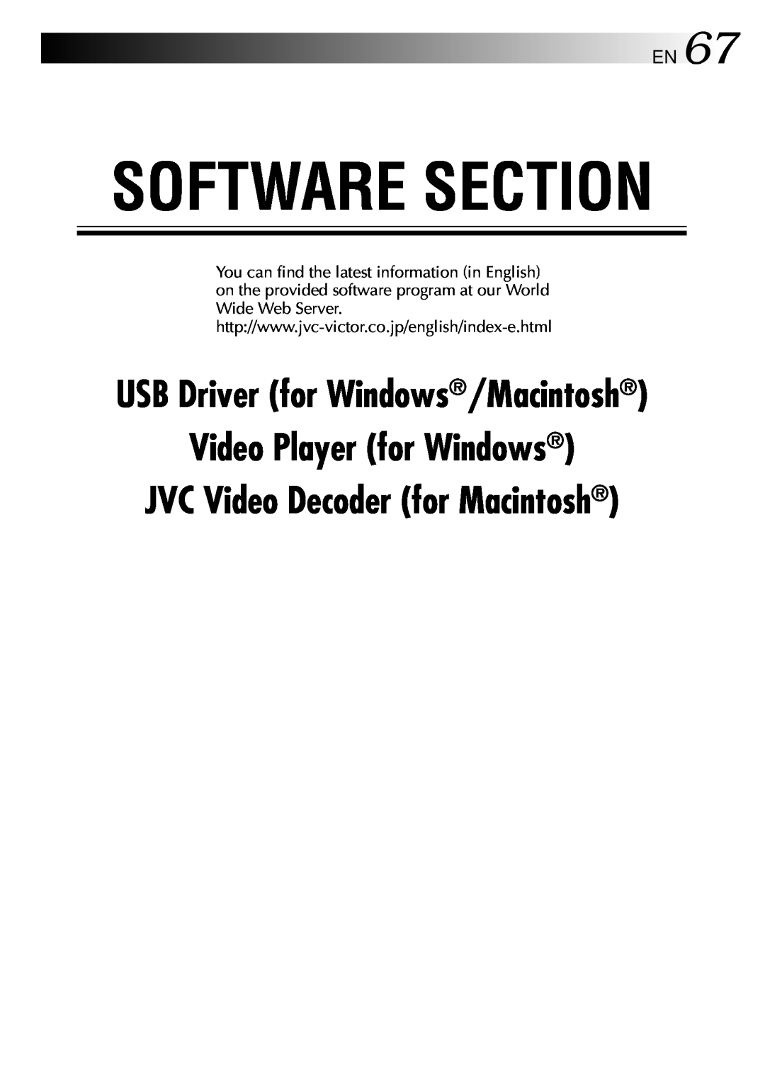 JVC GC-QX3 manual USB Driver for Windows/Macintosh, EN67, Software Section, Video Player for Windows 