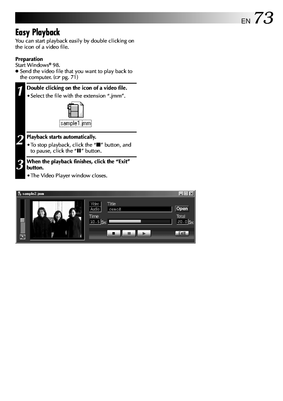 JVC GC-QX3 Easy Playback, EN73, Preparation, Double clicking on the icon of a video file, Playback starts automatically 