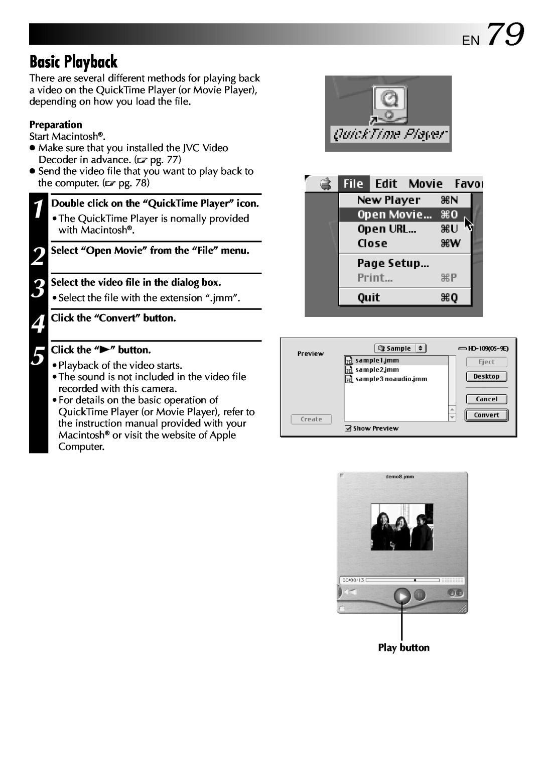 JVC GC-QX3 manual EN79, Basic Playback, Preparation, Select “Open Movie” from the “File” menu, Click the “Convert” button 