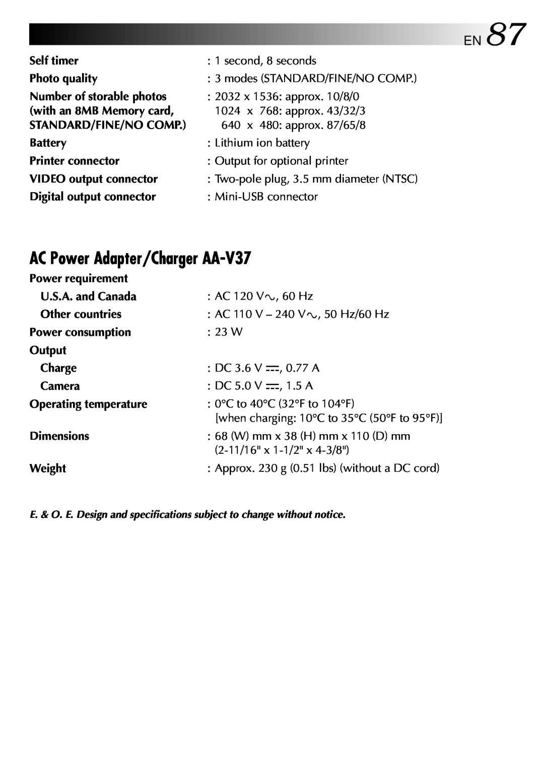JVC GC-QX3 manual AC Power Adapter/Charger AA-V37, EN87 