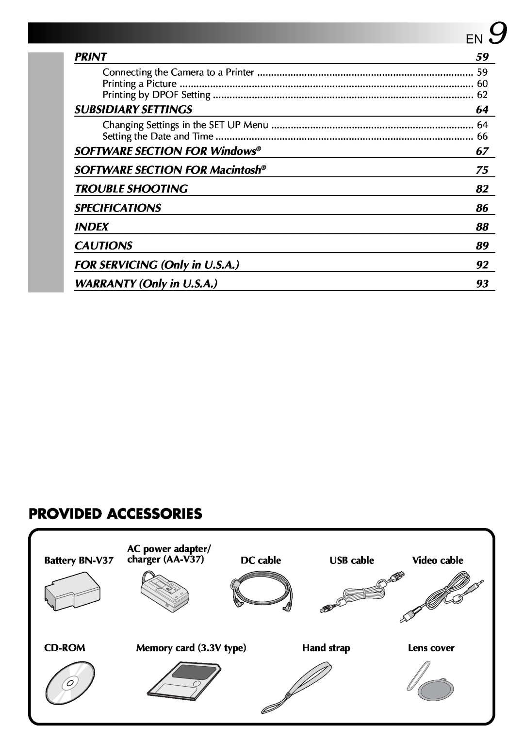 JVC GC-QX3 manual Provided Accessories 