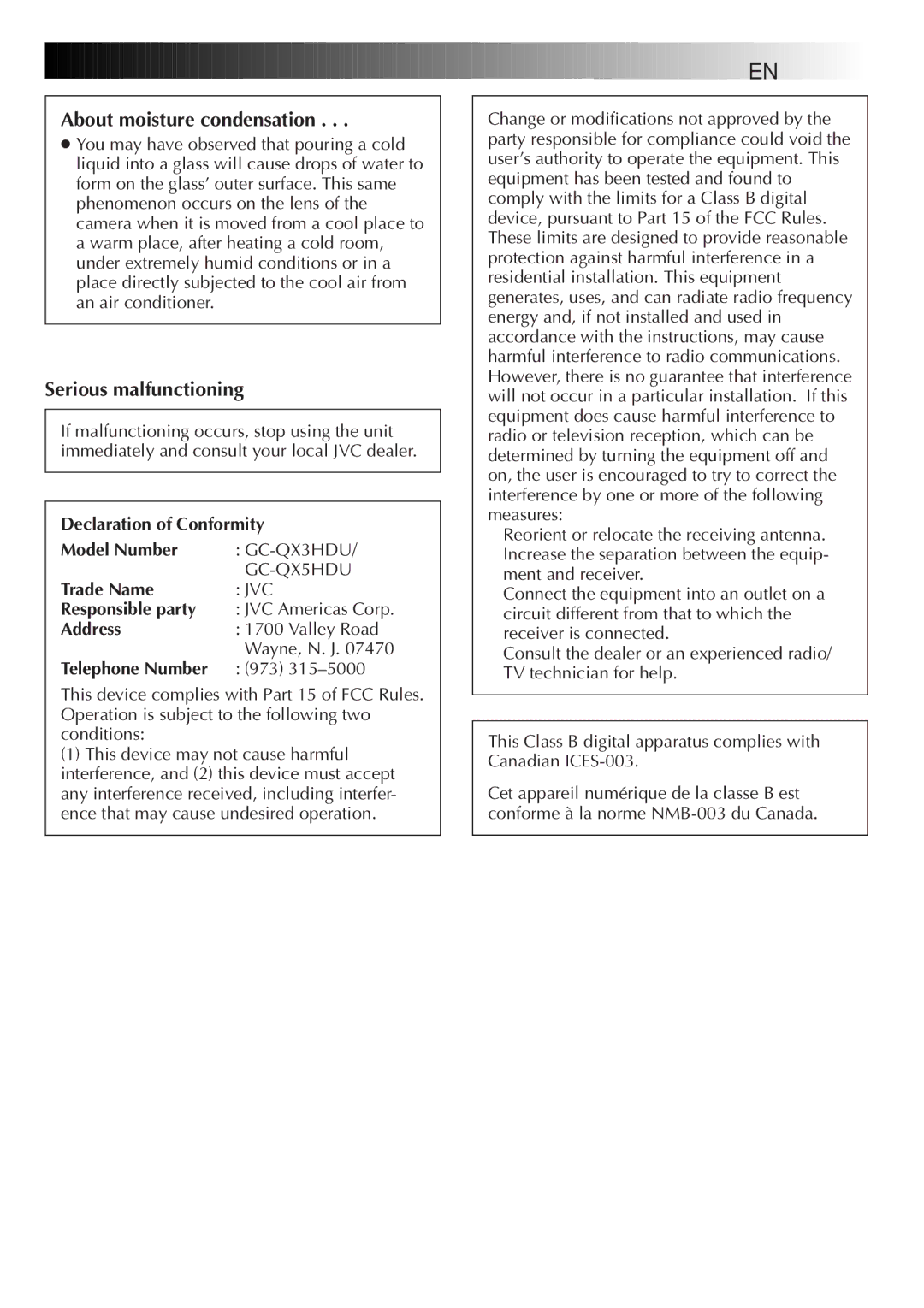 JVC GC-QX5HD, GC-QX3HD manual About moisture condensation, Serious malfunctioning 