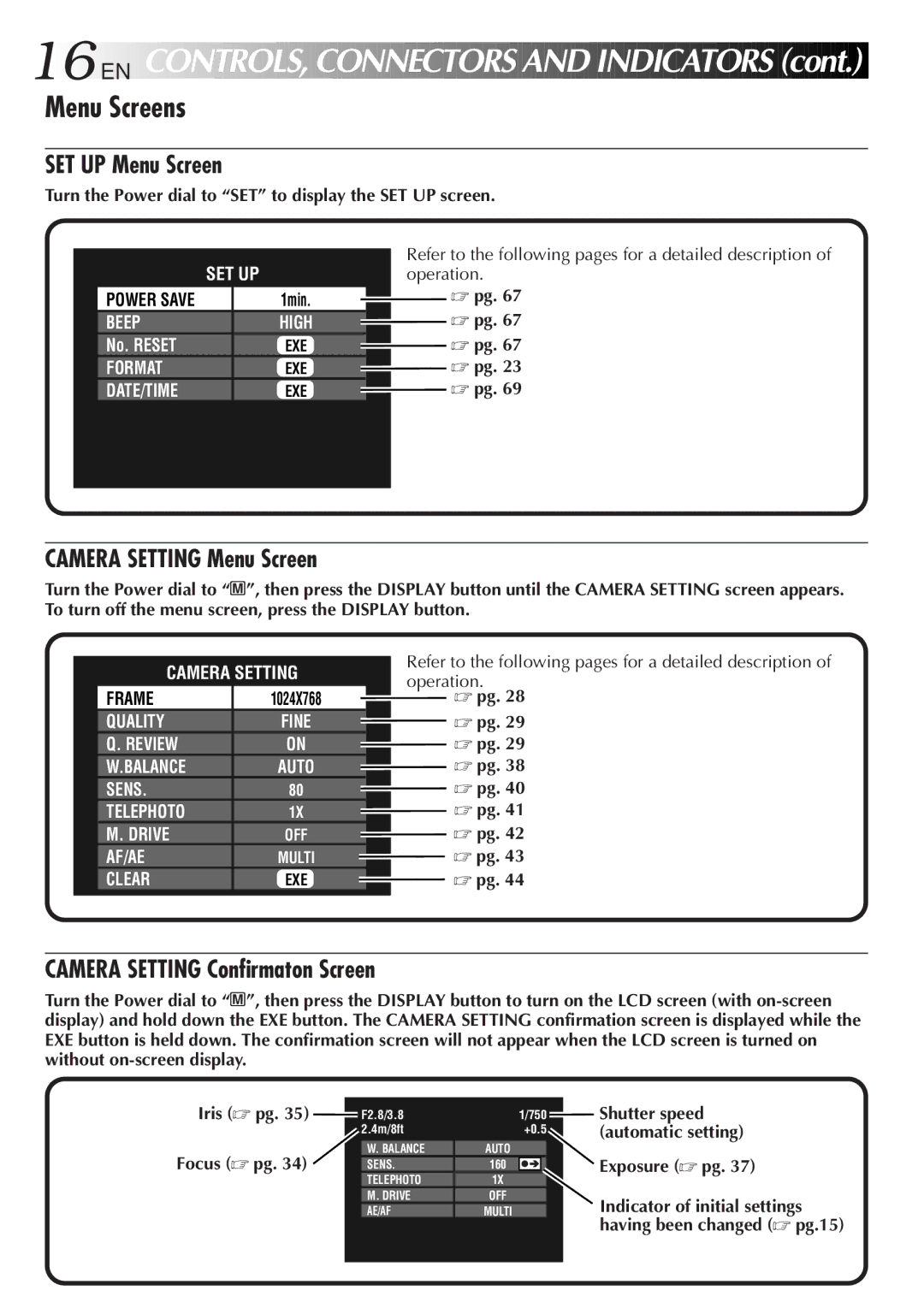 JVC GC-QX3HD, GC-QX5HD manual 16 EN, Menu Screens, Turn the Power dial to SET to display the SET UP screen, Exposure pg 