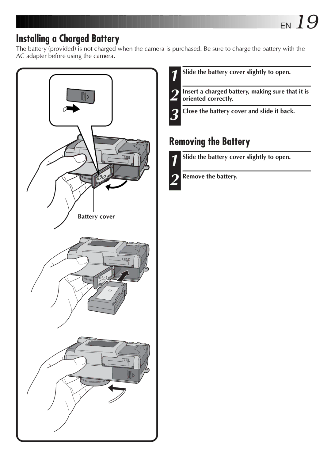 JVC GC-QX5HD, GC-QX3HD manual Installing a Charged Battery, Removing the Battery 