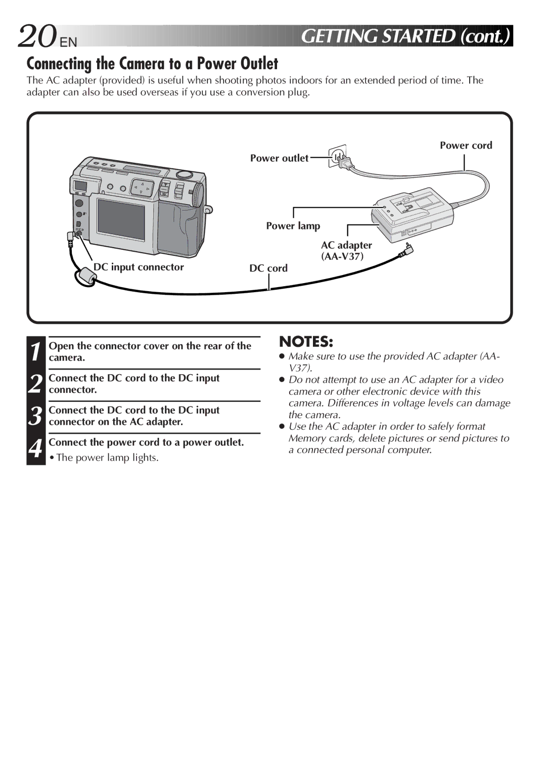 JVC GC-QX3HD 20 EN, Getting Started, Connecting the Camera to a Power Outlet, Connect the power cord to a power outlet 