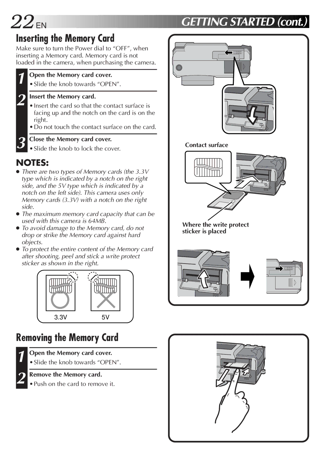 JVC GC-QX3HD, GC-QX5HD 22 EN, Inserting the Memory Card, Removing the Memory Card, Contact surface, Remove the Memory card 