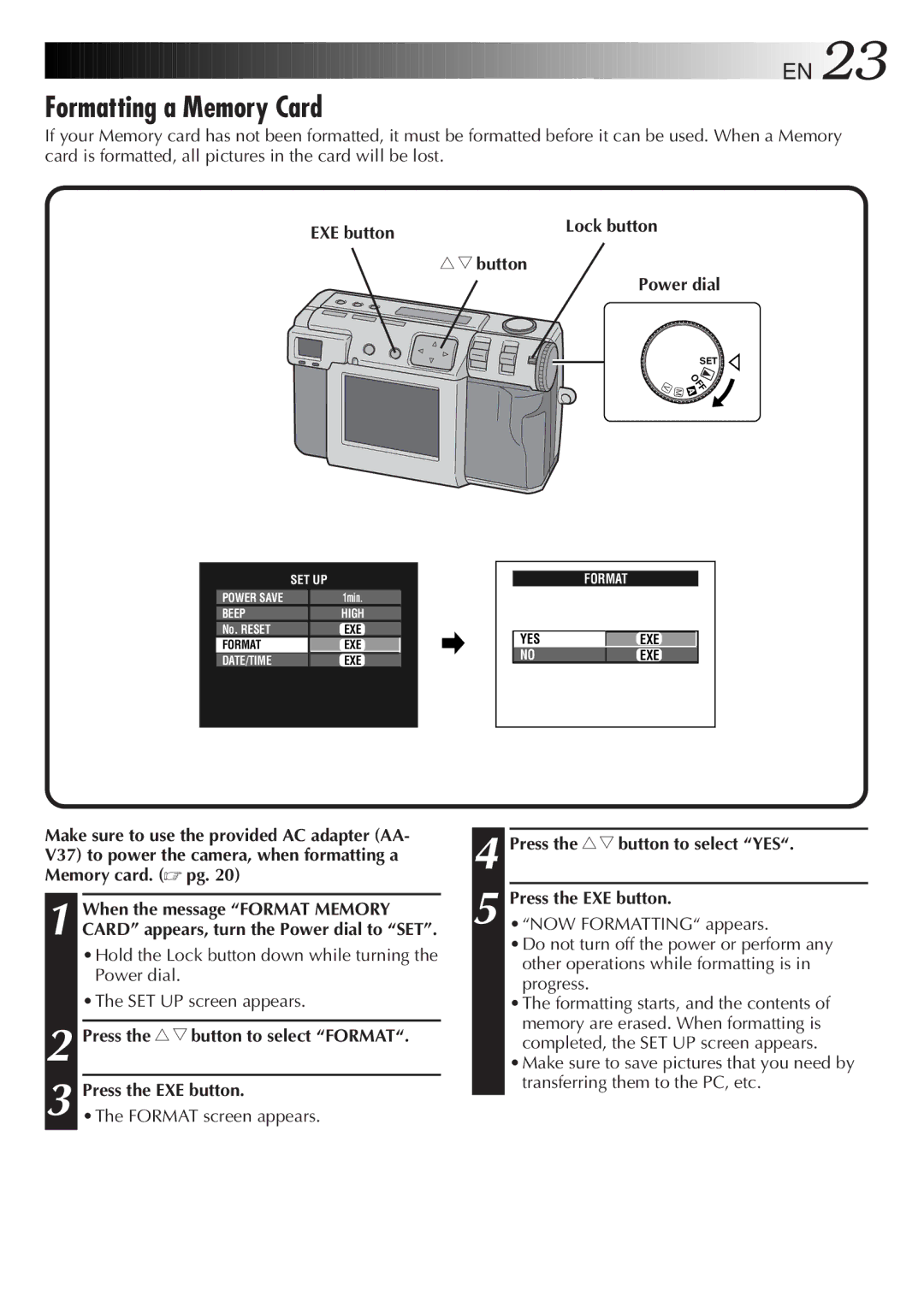 JVC GC-QX5HD, GC-QX3HD manual Formatting a Memory Card, EXE button Lock button Button 