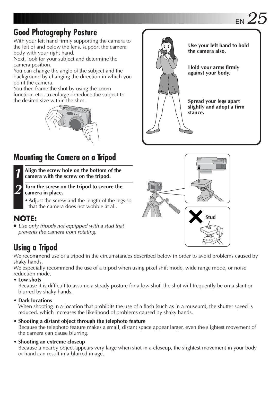 JVC GC-QX5HD, GC-QX3HD manual Good Photography Posture, Mounting the Camera on a Tripod, Using a Tripod 