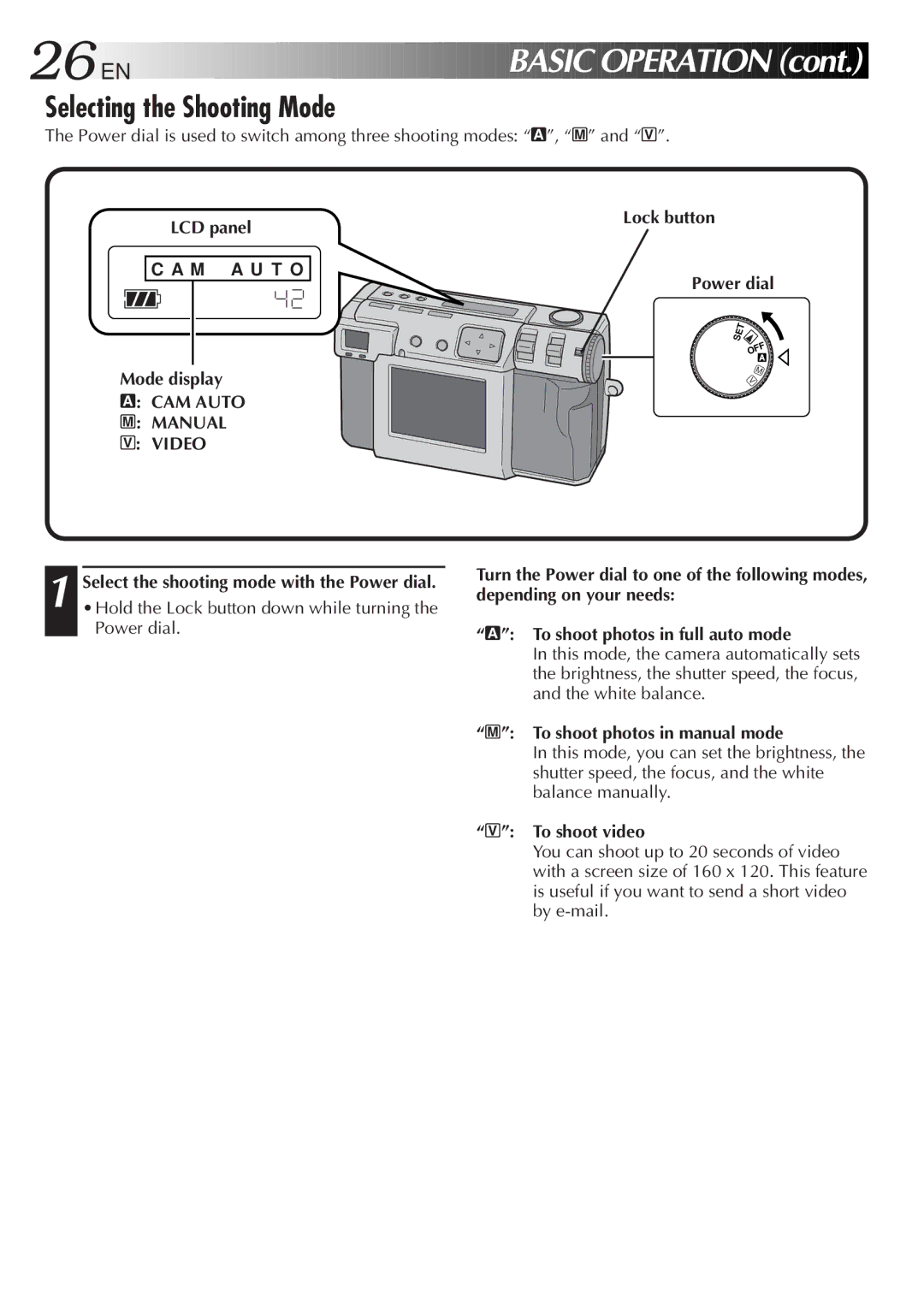 JVC GC-QX3HD, GC-QX5HD manual 26 EN, Basic Operation, Selecting the Shooting Mode, CAM Auto Manual Video 