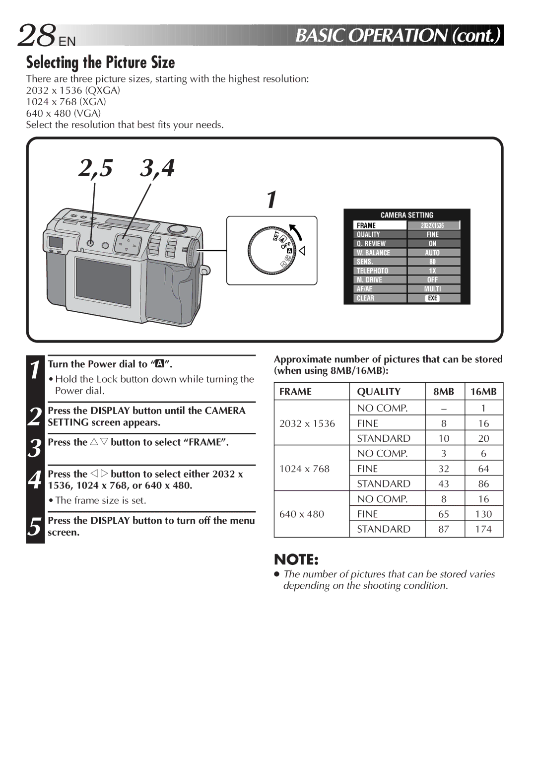 JVC GC-QX3HD, GC-QX5HD manual Selecting the Picture Size, Turn the Power dial to a, Frame Quality 8MB, 16MB 