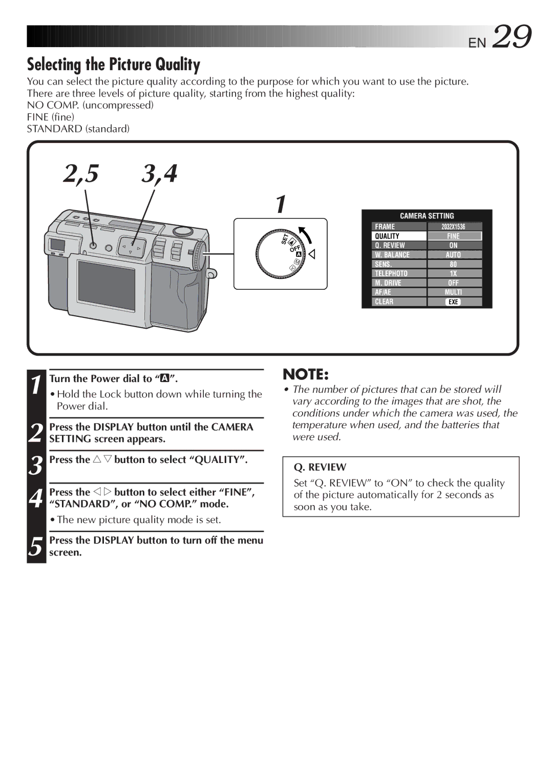 JVC GC-QX5HD, GC-QX3HD manual Selecting the Picture Quality, Press the r t button to select Quality, Review 