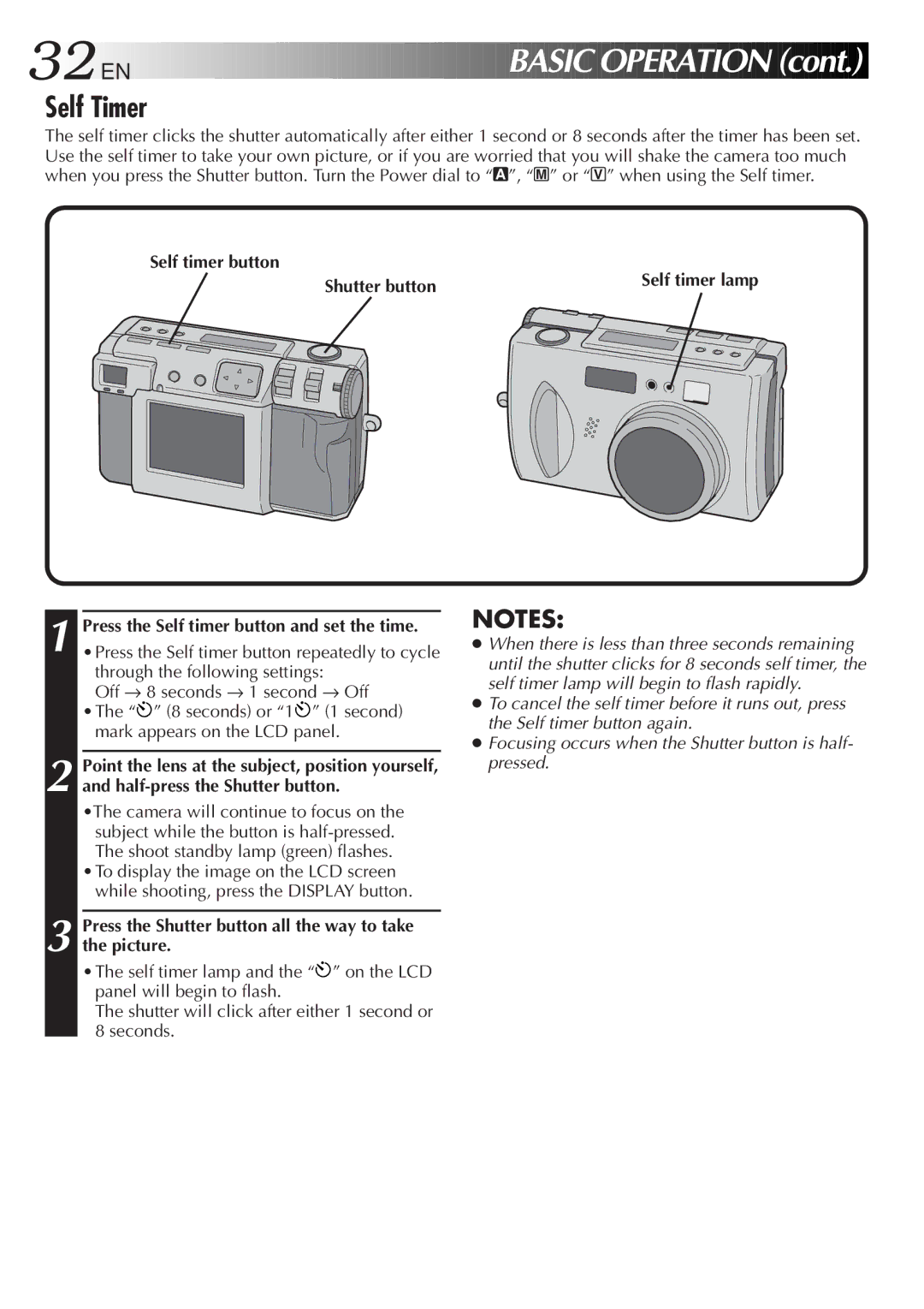 JVC GC-QX3HD, GC-QX5HD manual 32 EN, Self Timer, Self timer button Shutter button 