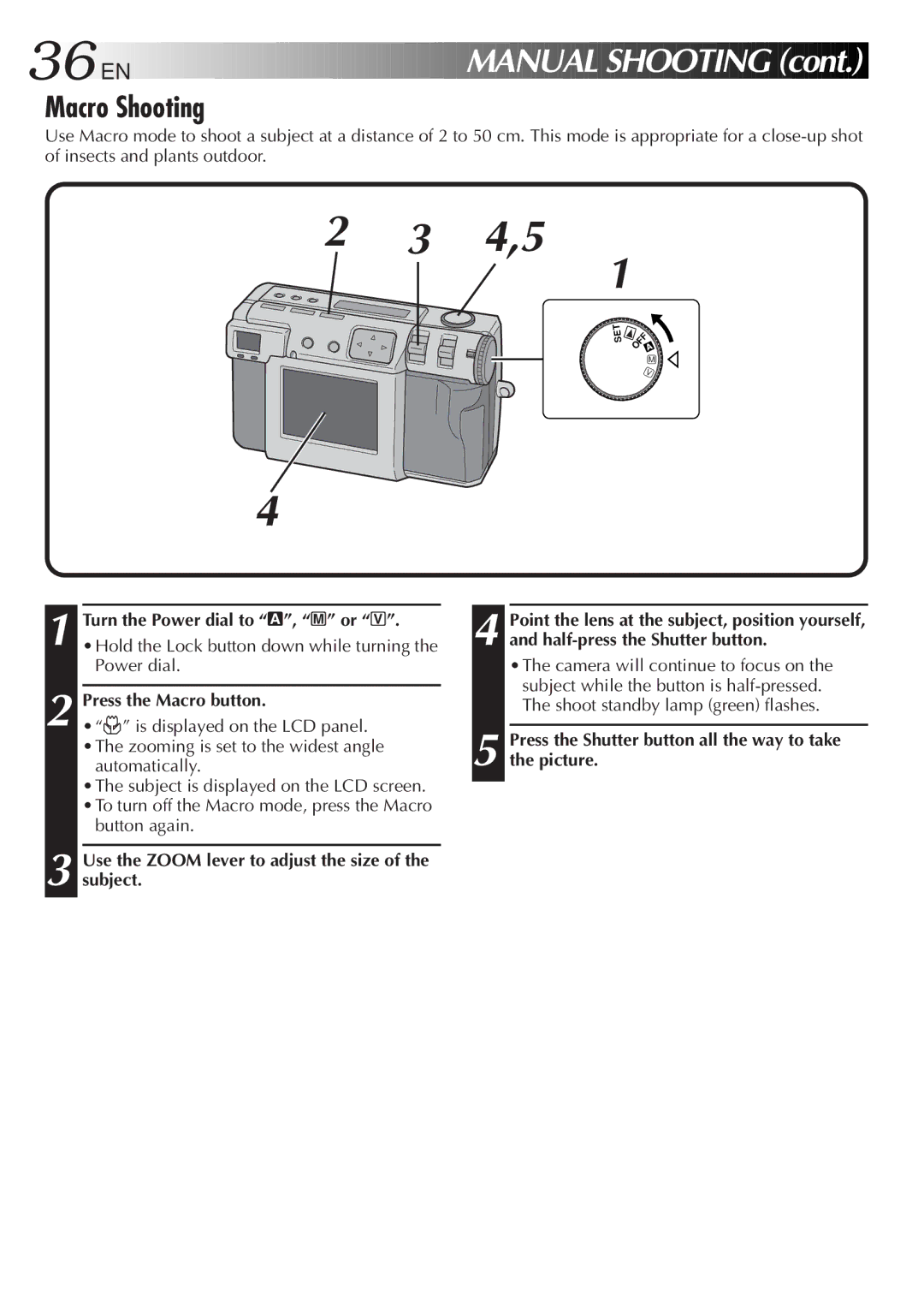 JVC GC-QX3HD, GC-QX5HD manual 36 EN, Manual Shooting, Macro Shooting 