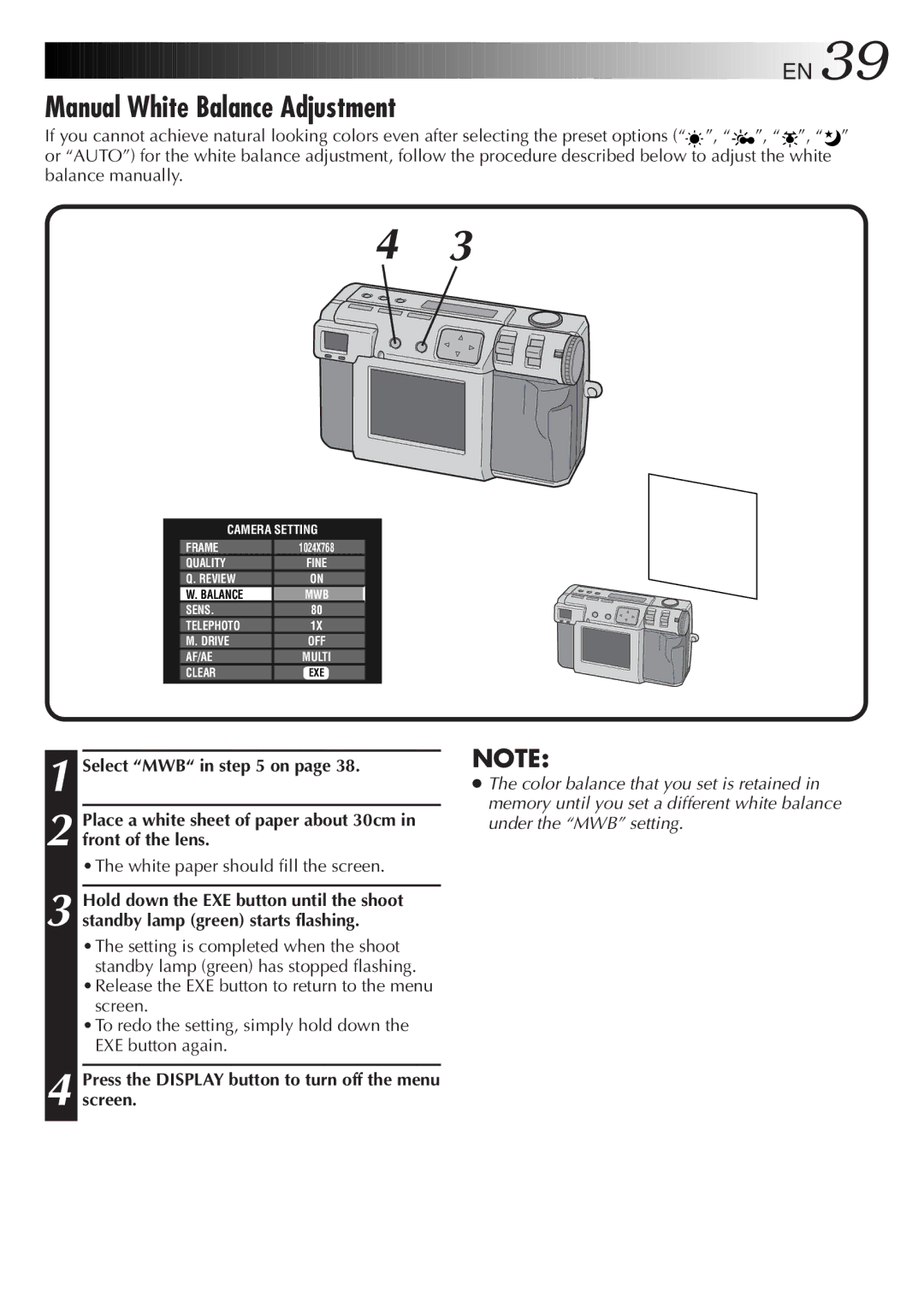 JVC GC-QX5HD, GC-QX3HD manual Manual White Balance Adjustment, White paper should fill the screen 