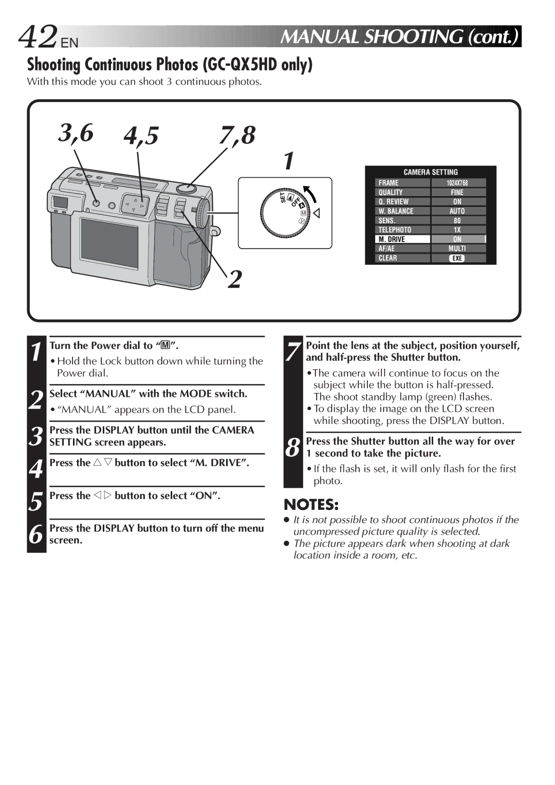 JVC GC-QX3HD manual 42 EN, Shooting Continuous Photos GC-QX5HD only 