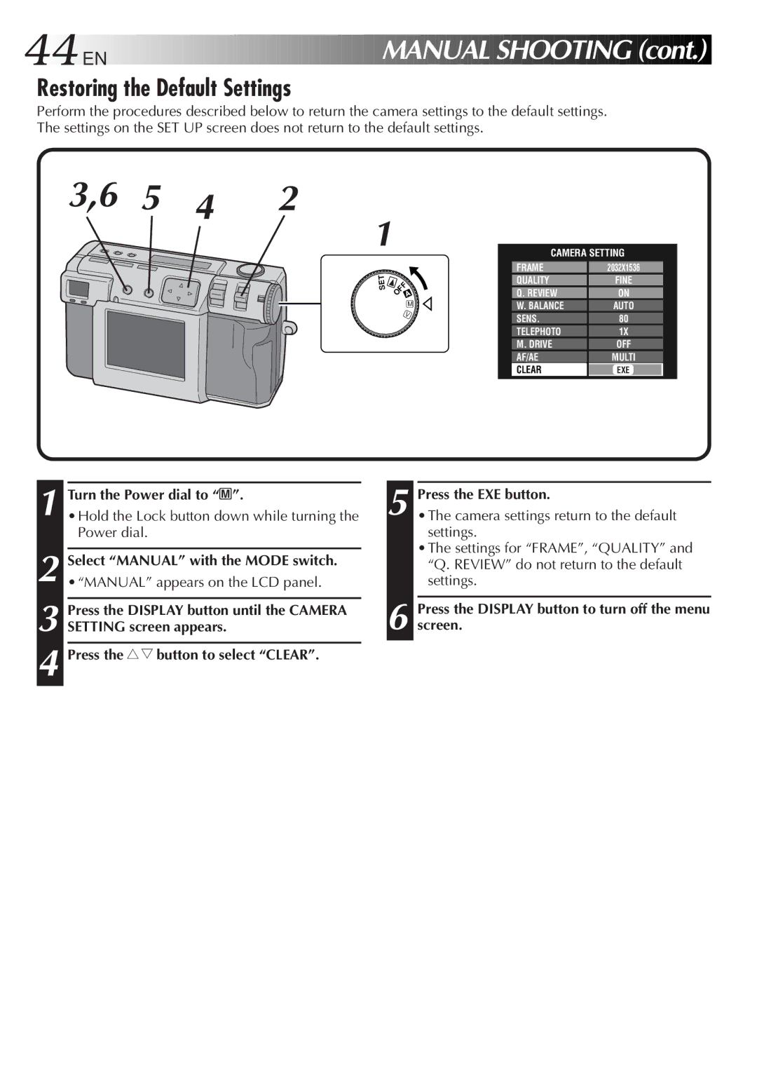 JVC GC-QX3HD, GC-QX5HD manual EN Manual Shooting, Restoring the Default Settings, Select Manual with the Mode switch 