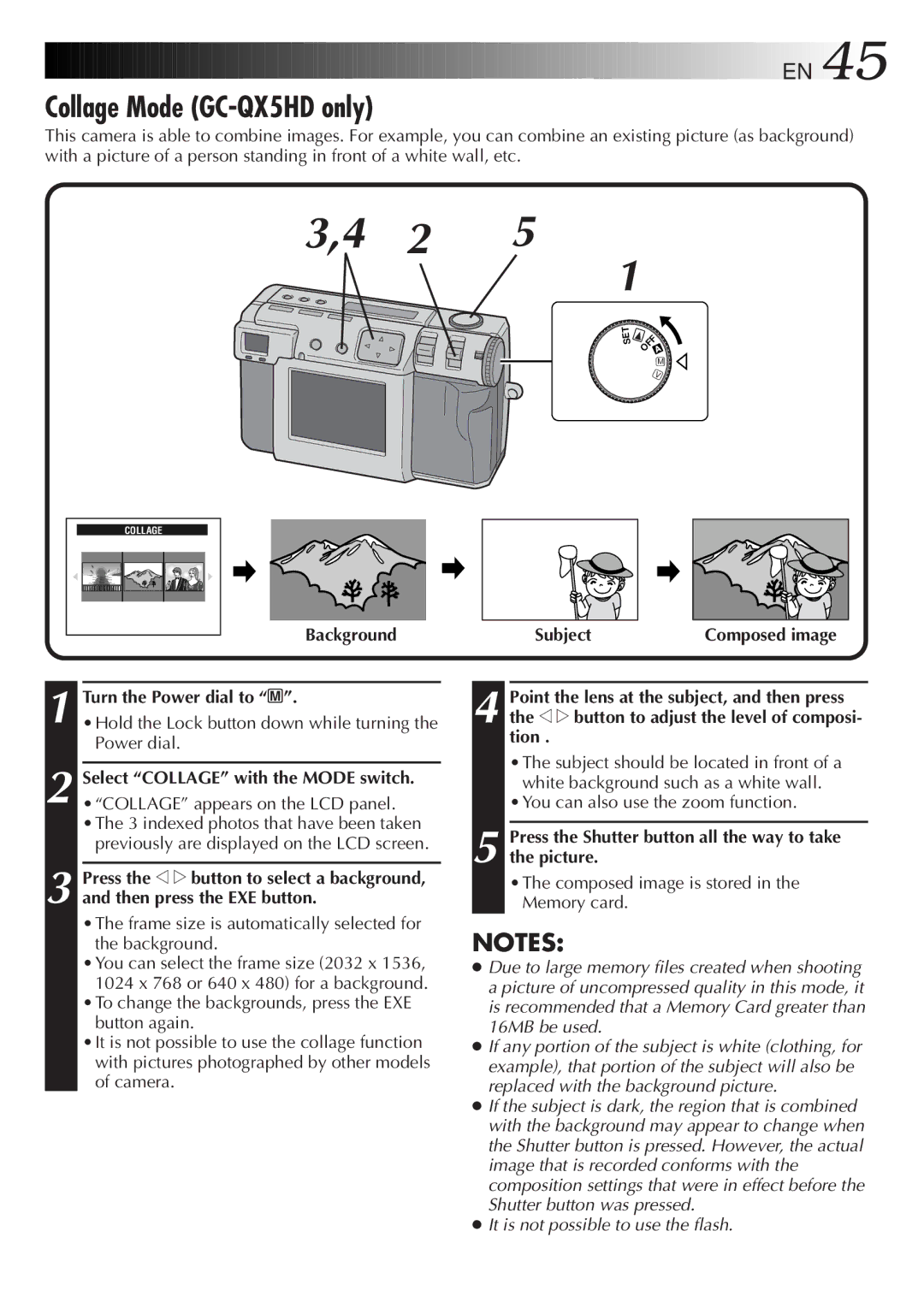 JVC GC-QX3HD manual Collage Mode GC-QX5HD only, Background Subject 