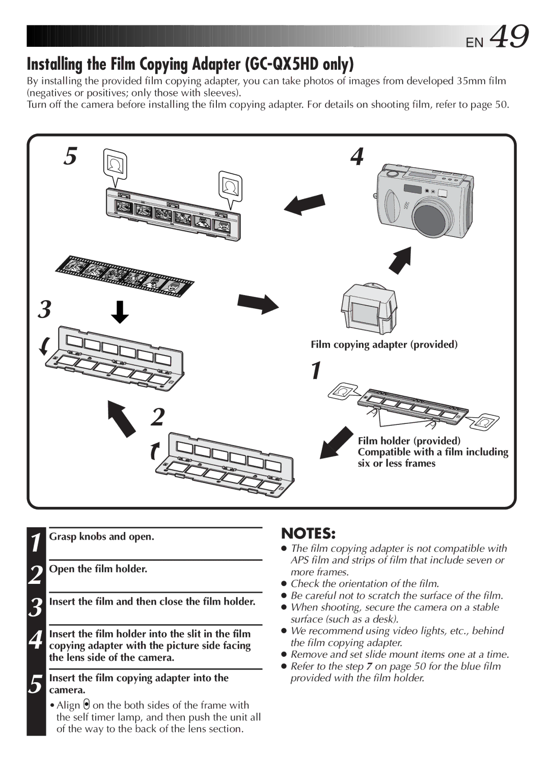 JVC GC-QX3HD manual Installing the Film Copying Adapter GC-QX5HD only, Open the film holder 