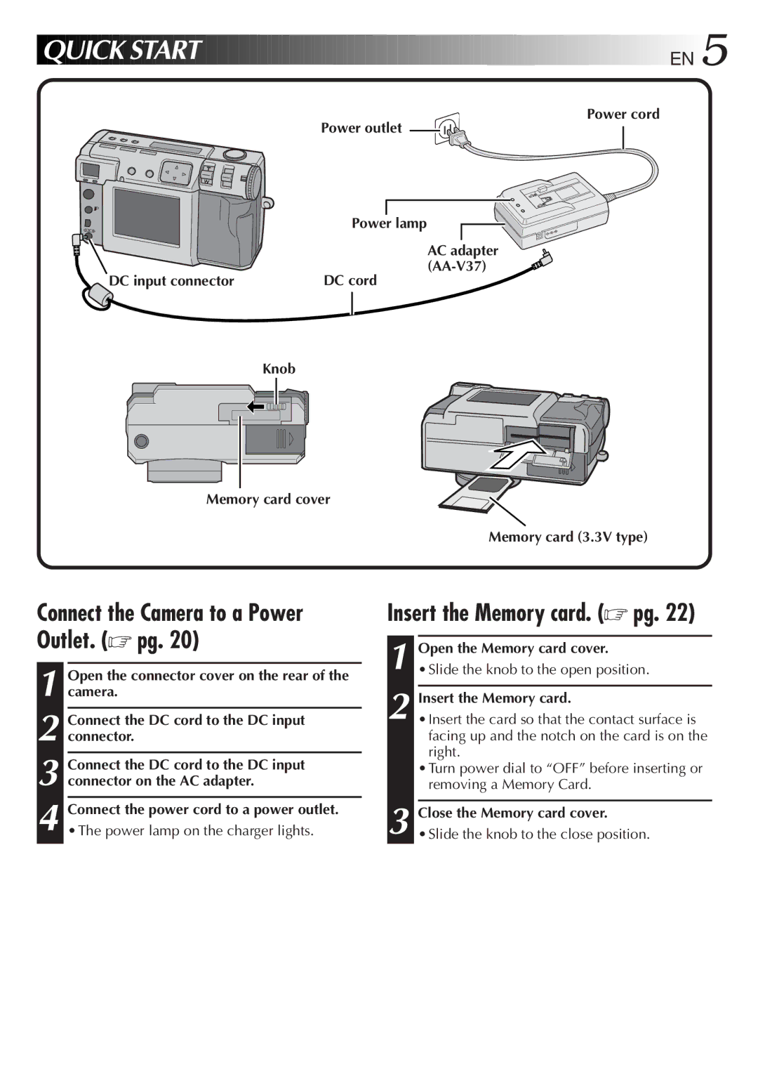 JVC GC-QX5HD, GC-QX3HD manual Quick Start, Connect the Camera to a Power Outlet. pg, Insert the Memory card. pg 