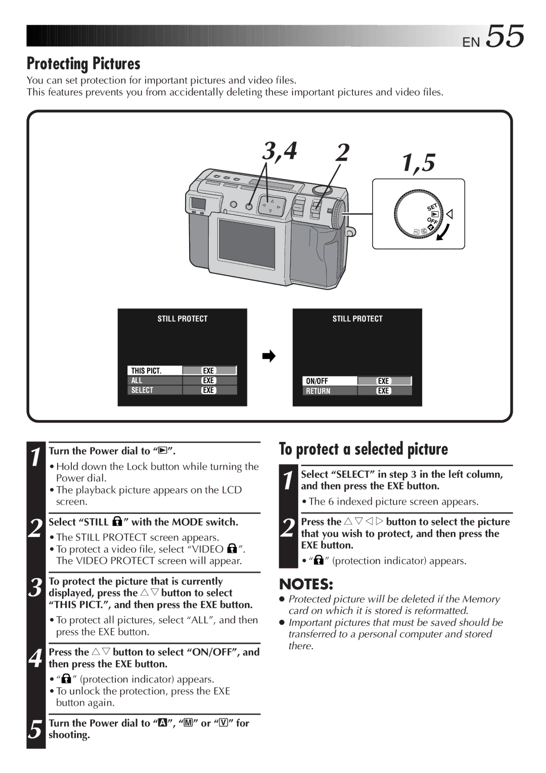 JVC GC-QX5HD, GC-QX3HD Protecting Pictures, To protect a selected picture, Turn the Power dial to A, M or V for shooting 