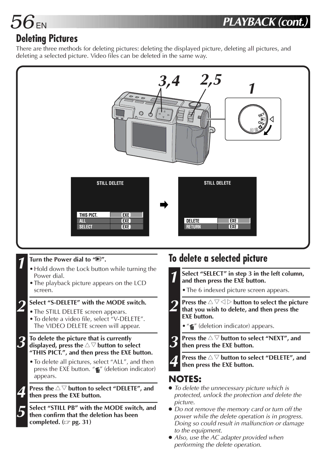 JVC GC-QX3HD, GC-QX5HD manual 56 EN, Deleting Pictures, To delete a selected picture 