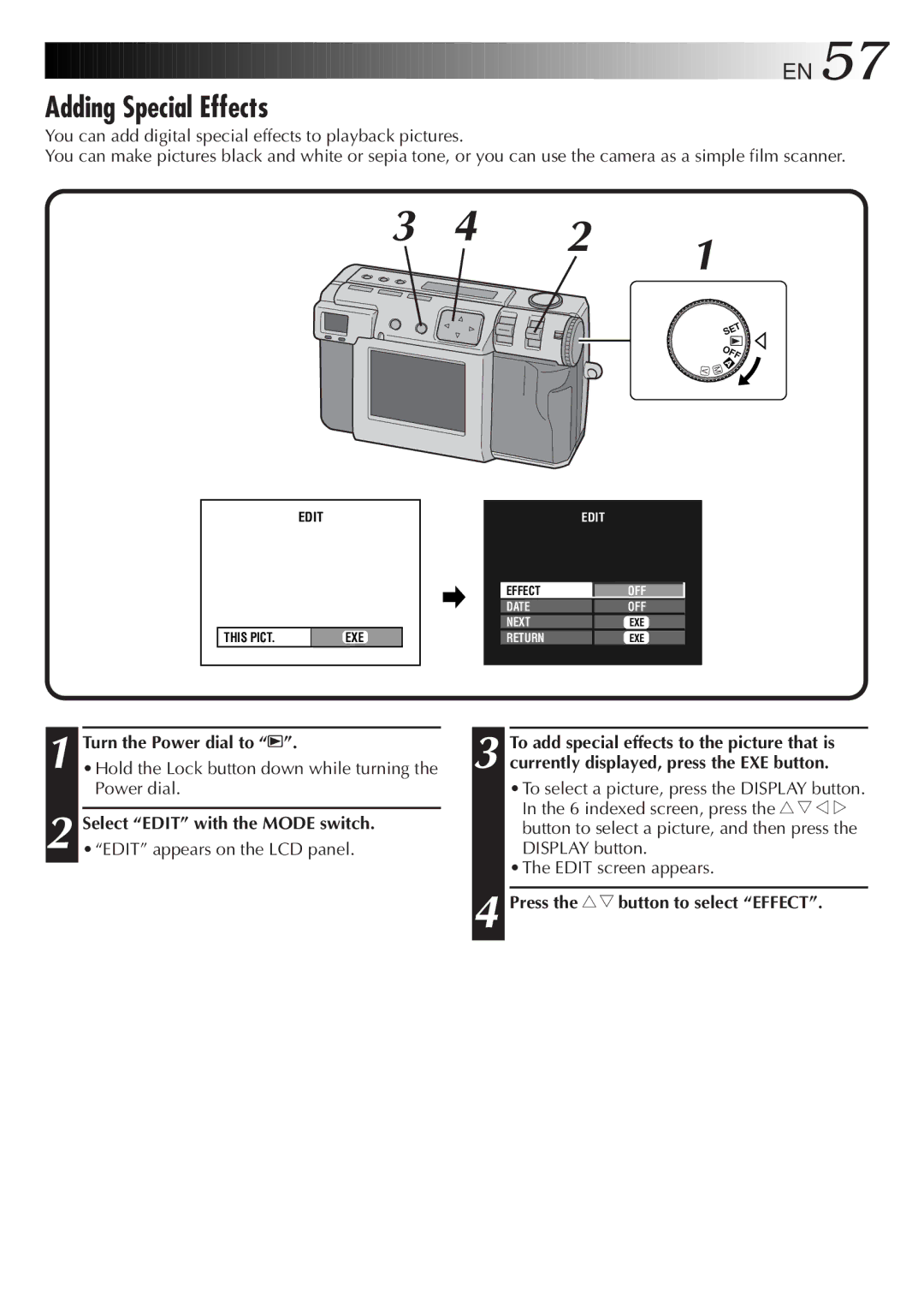 JVC GC-QX5HD, GC-QX3HD Adding Special Effects, Select Edit with the Mode switch, Press the r t button to select Effect 