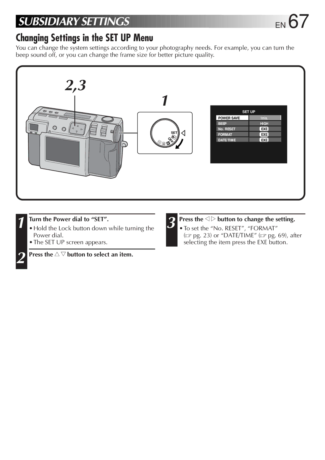 JVC GC-QX5HD, GC-QX3HD manual Turn the Power dial to SET, Press the r t button to select an item 