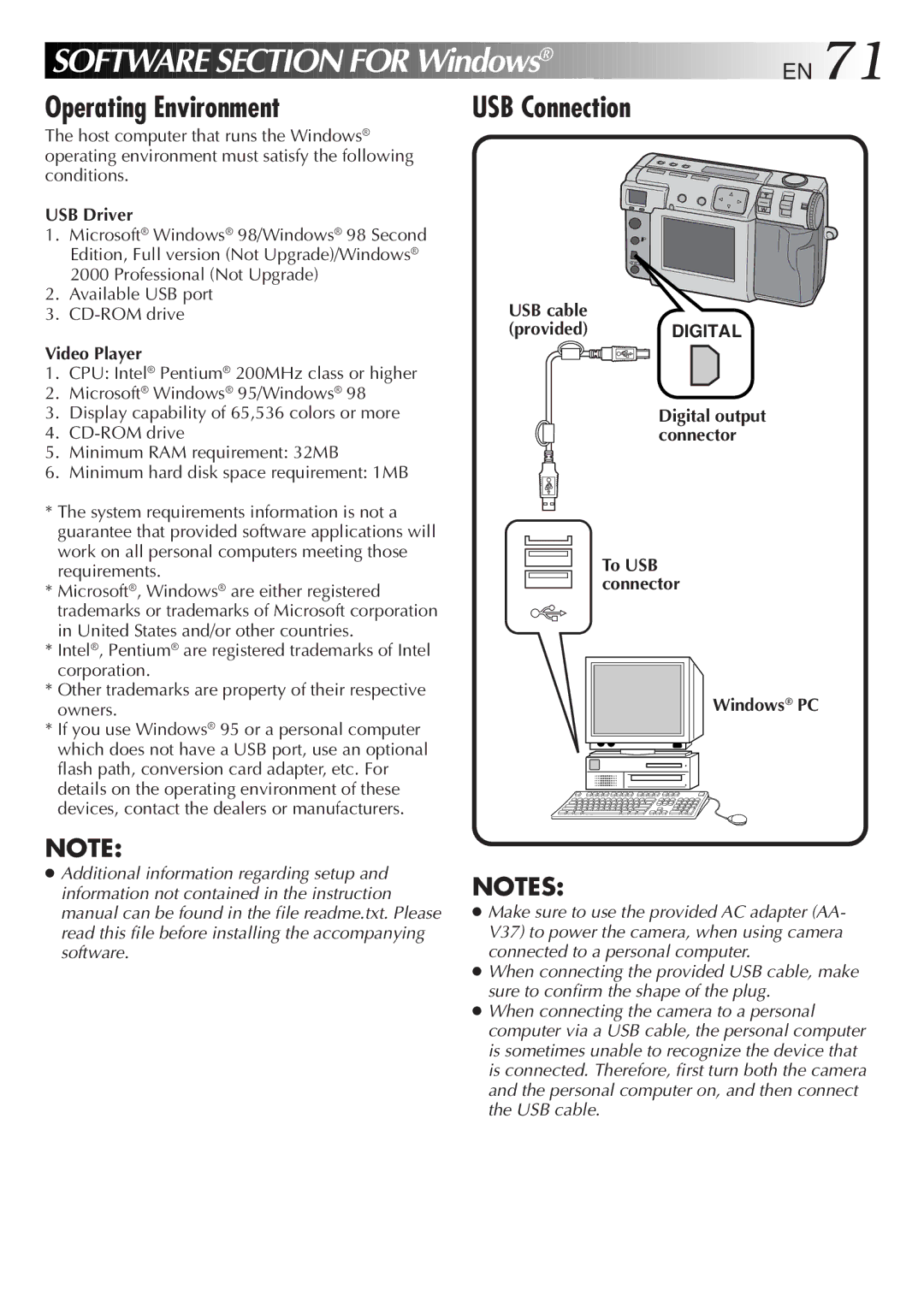 JVC GC-QX5HD, GC-QX3HD manual Software Section for Windows, Operating Environment, USB Connection 