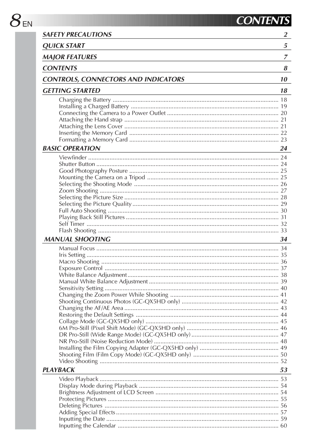 JVC GC-QX3HD, GC-QX5HD manual Contents 