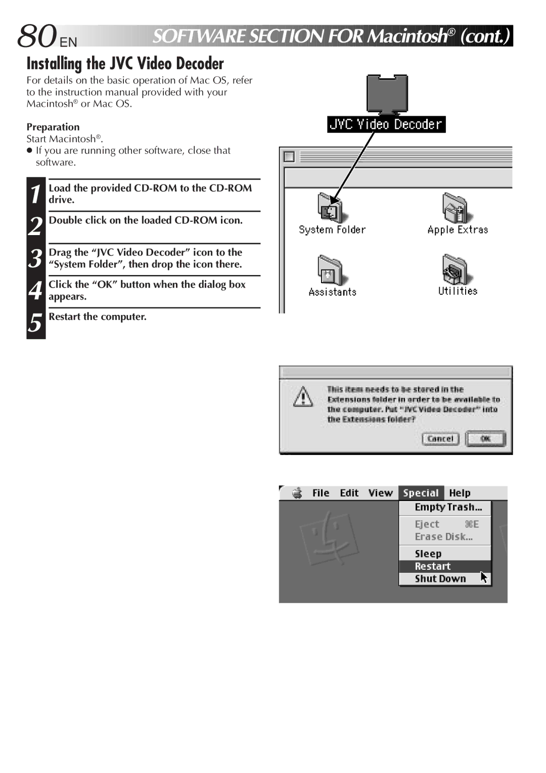 JVC GC-QX3HD, GC-QX5HD manual 80 EN, Software Section for Macintosh, Installing the JVC Video Decoder 