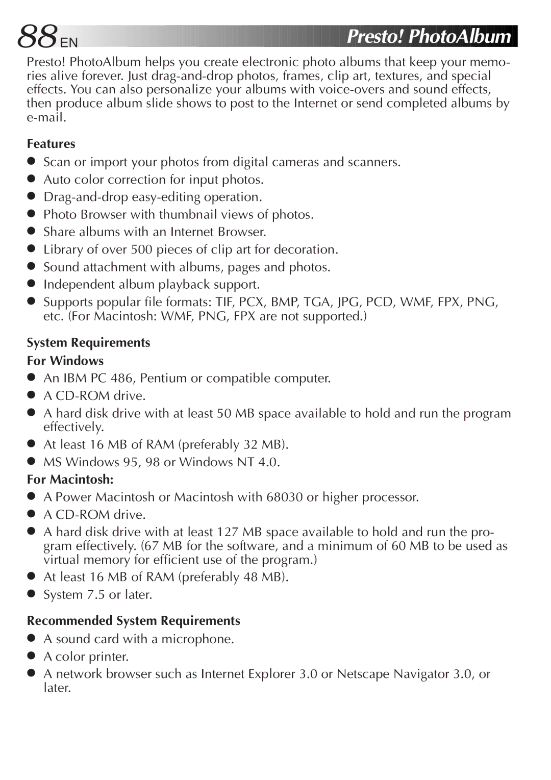 JVC GC-QX3HD, GC-QX5HD manual Presto! PhotoAlbum, Recommended System Requirements 