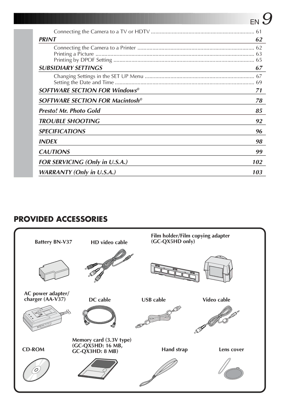 JVC manual Cd-Rom, GC-QX5HD 16 MB Hand strap, GC-QX3HD 8 MB 