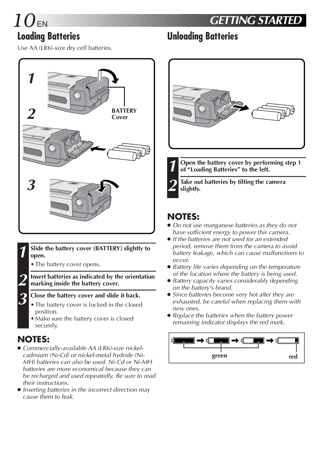 JVC GC-S1 manual Loading Batteries, Unloading Batteries 