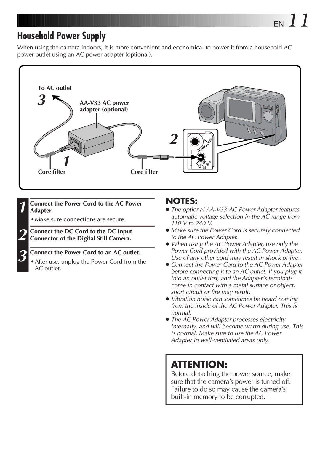 JVC GC-S1 manual Household Power Supply, Connect the Power Cord to the AC Power Adapter, Make sure connections are secure 