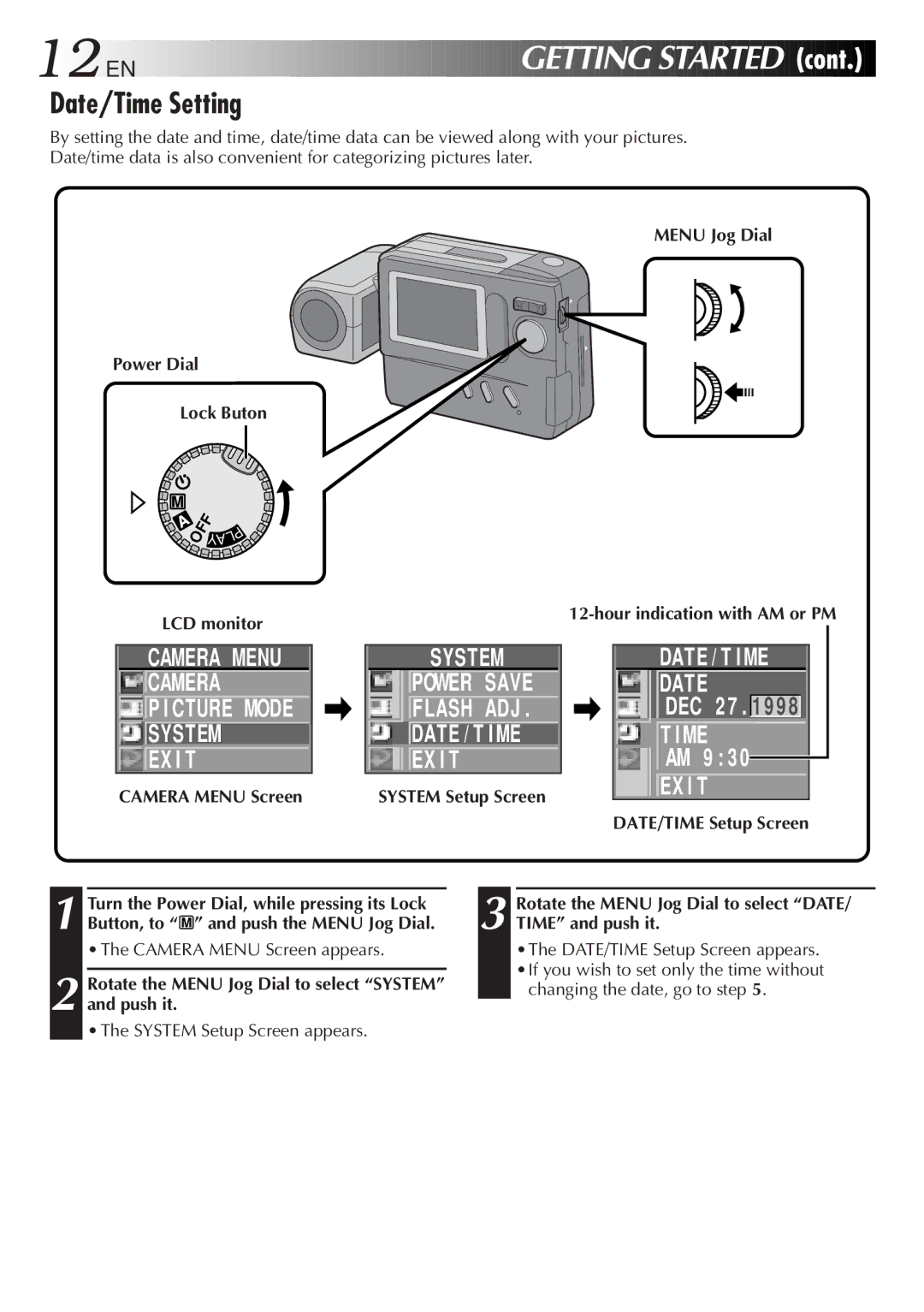 JVC GC-S1 manual Getting Started, Date/Time Setting 