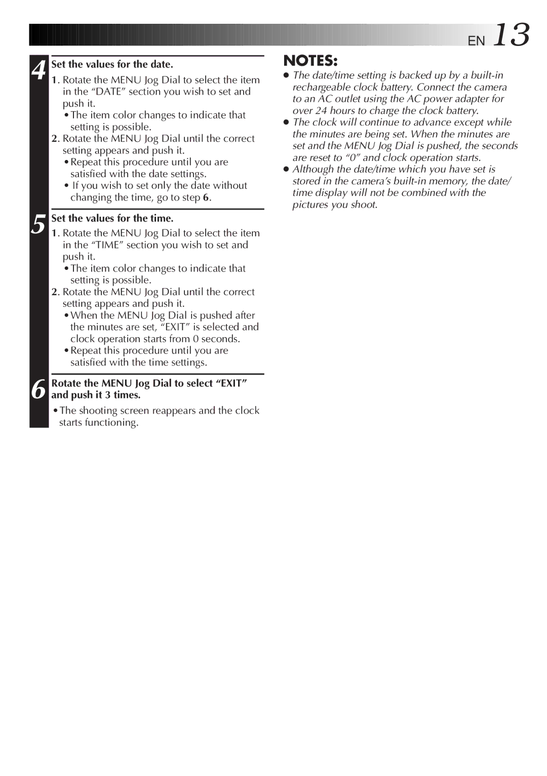 JVC GC-S1 manual Set the values for the date, Set the values for the time 