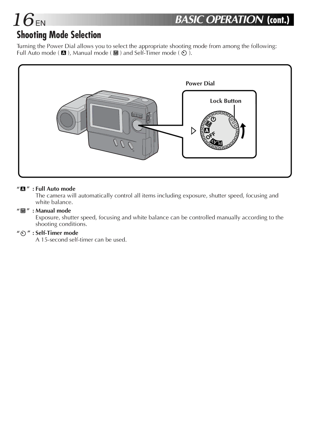 JVC GC-S1 manual Basic Operation, Shooting Mode Selection, Full Auto mode, Manual mode, Self-Timer mode 