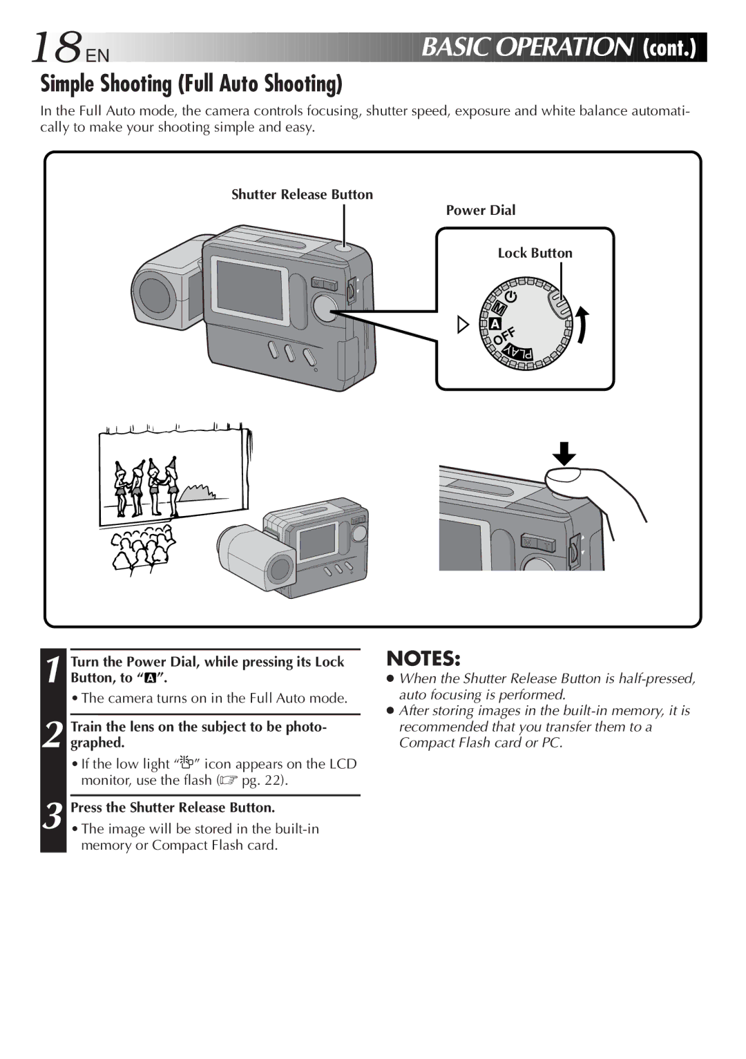 JVC GC-S1 manual Simple Shooting Full Auto Shooting, Shutter Release Button Power Dial Lock Button 