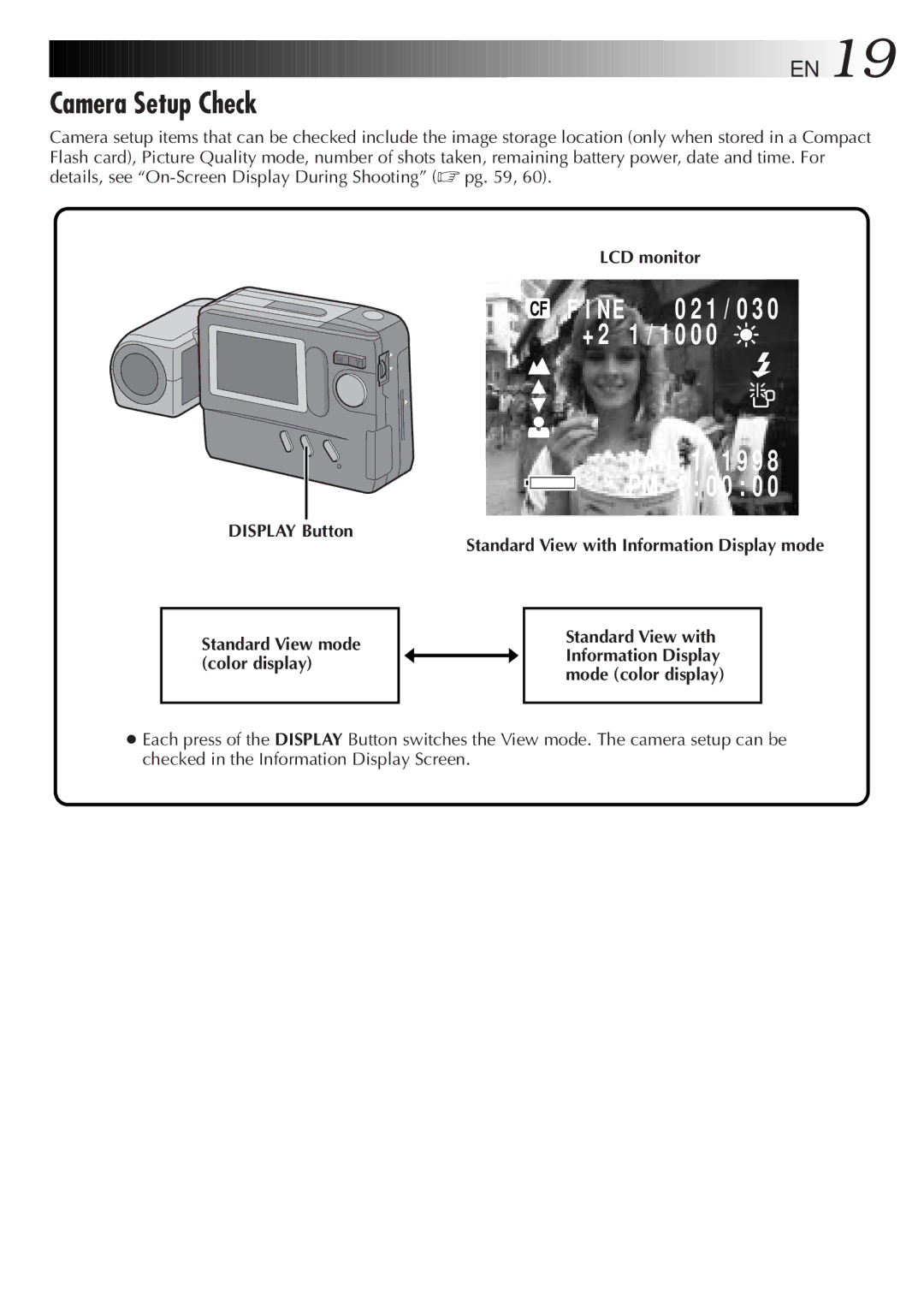 JVC GC-S1 manual Camera Setup Check, Display Button, Standard View with Information Display mode 