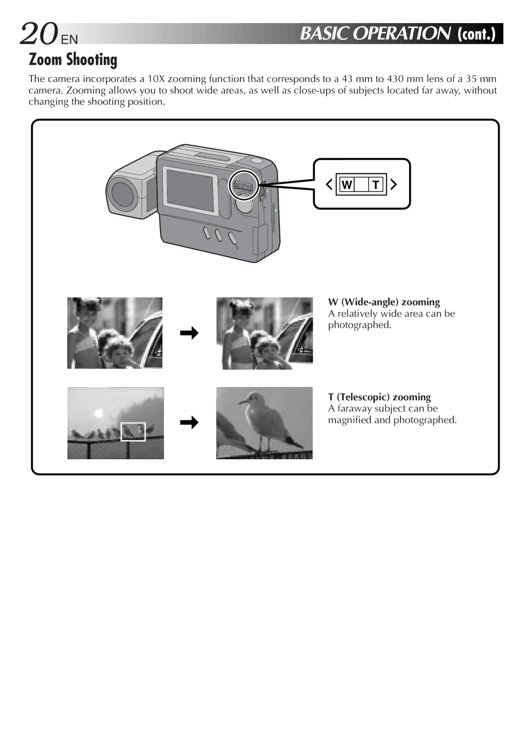 JVC GC-S1 manual Zoom Shooting, Wide-angle zooming, Relatively wide area can be photographed 