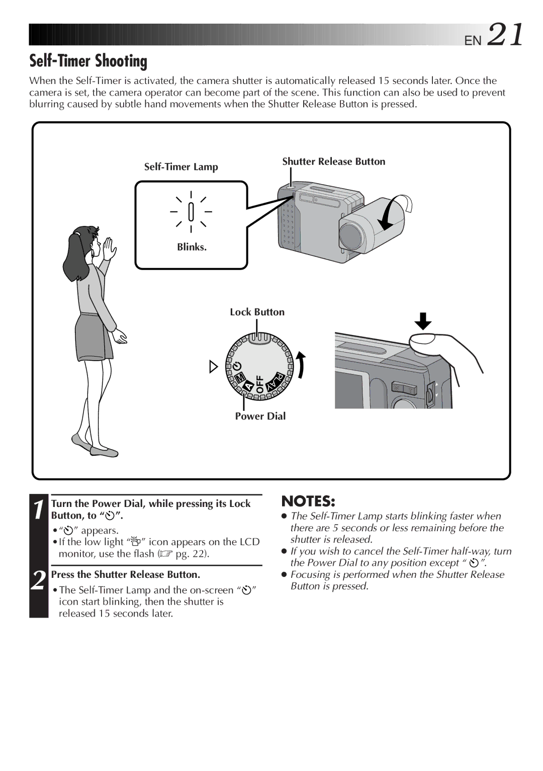 JVC GC-S1 manual Self-Timer Shooting, Self-Timer Lamp, Blinks Lock Button 