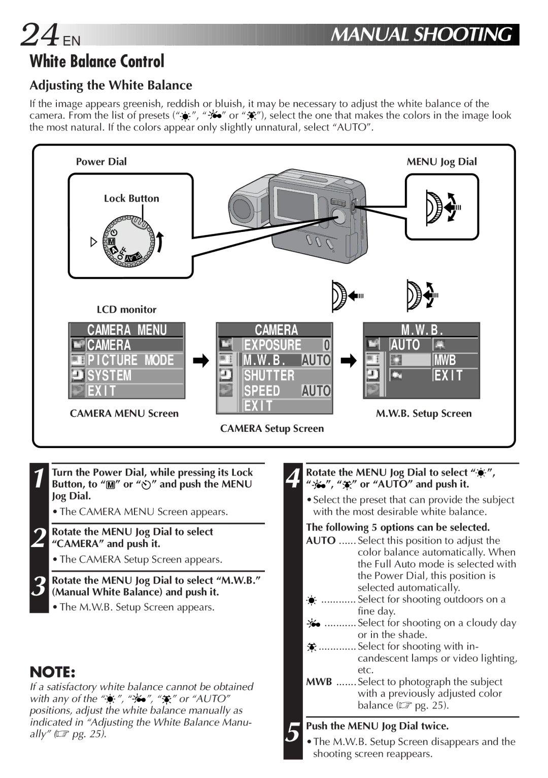 JVC GC-S1 manual White Balance Control, Auto, Adjusting the White Balance, M.W.B. Setup Screen appears 