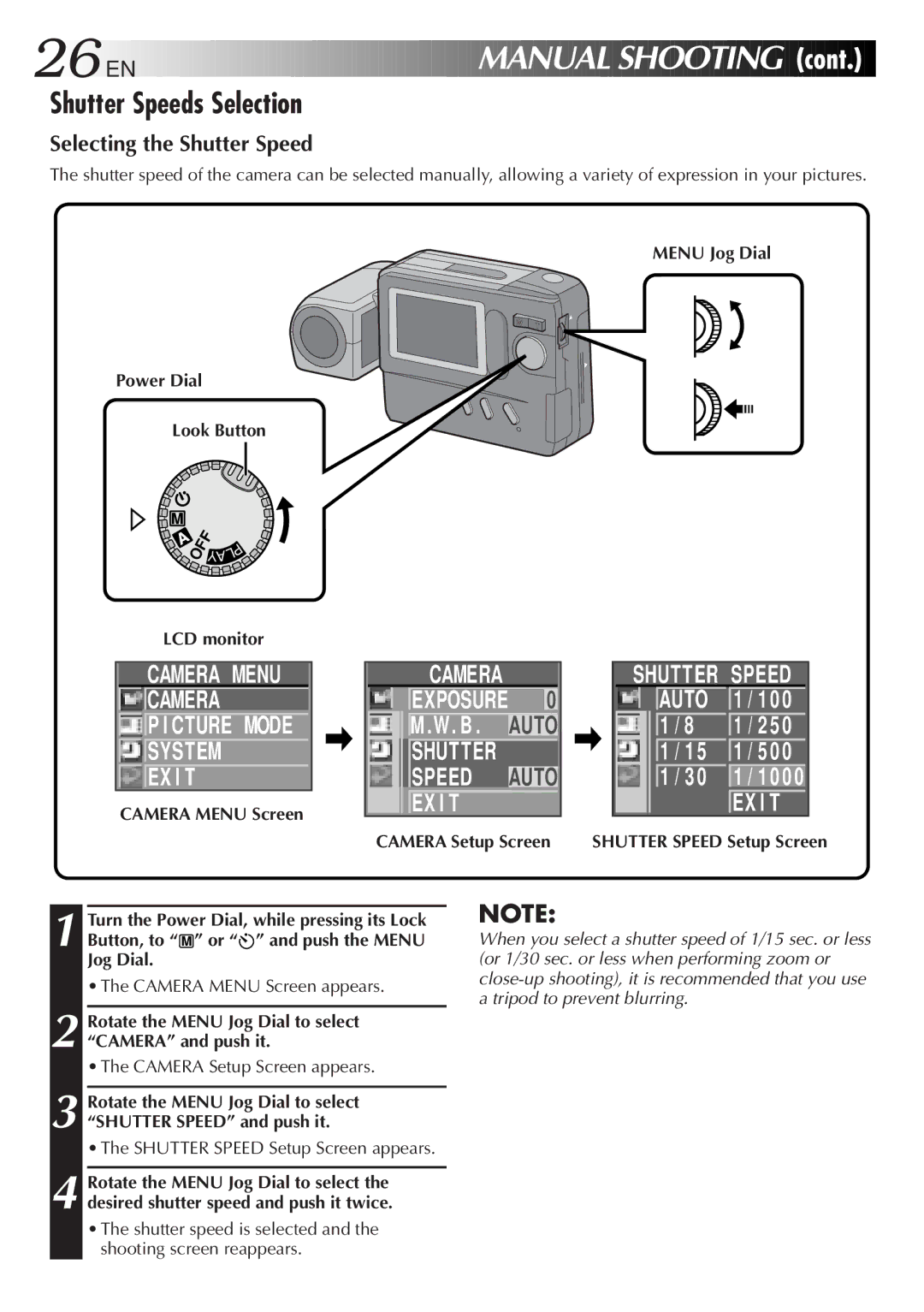 JVC GC-S1 manual Manual Shooting, Shutter Speeds Selection, Shutter Speed Auto, Selecting the Shutter Speed 