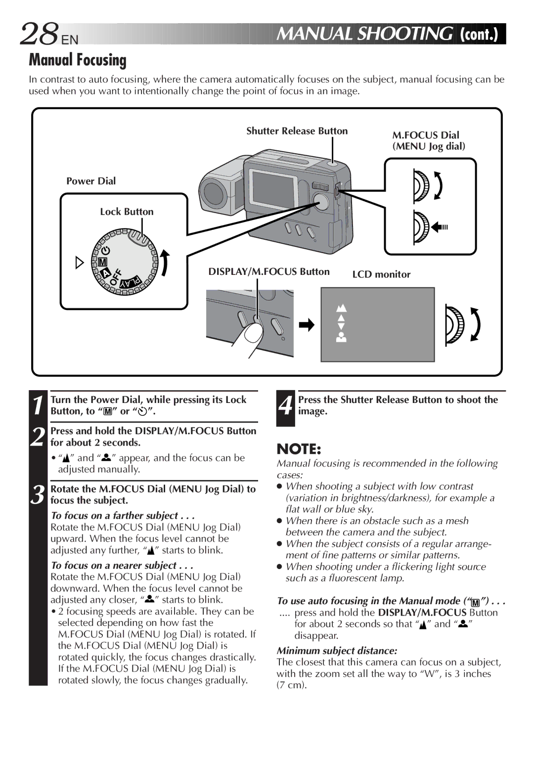 JVC GC-S1 manual Manual Focusing, Shutter Release Button Focus Dial, DISPLAY/M.FOCUS Button 