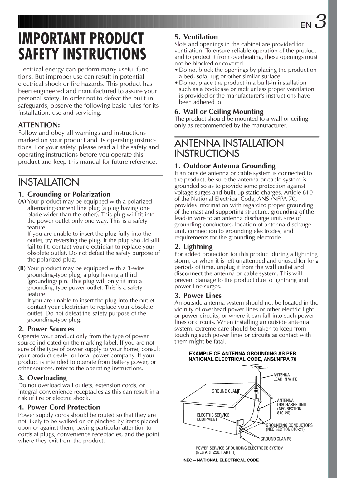 JVC GC-S1 manual Grounding or Polarization, Power Sources, Overloading, Ventilation, Wall or Ceiling Mounting, Lightning 